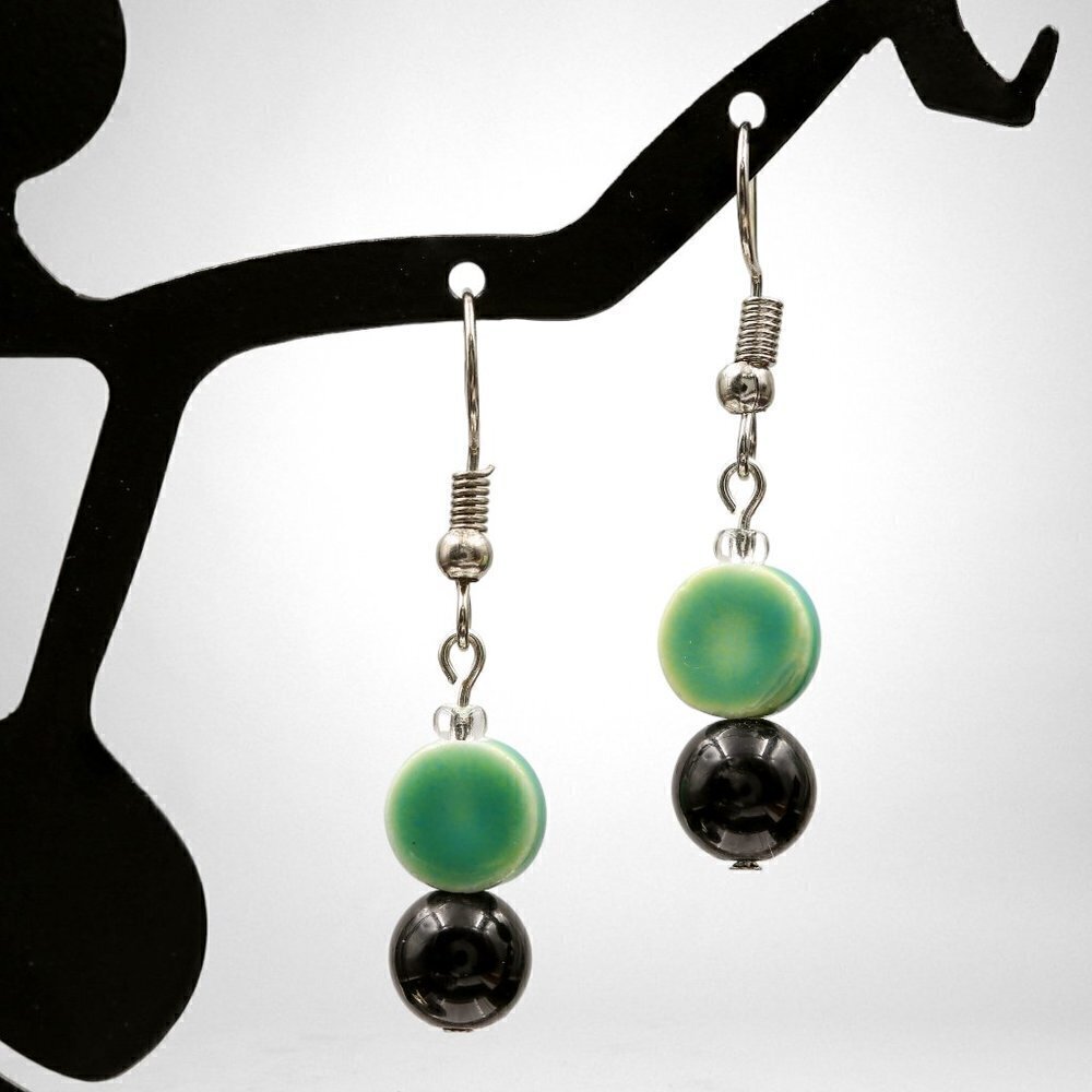 Teal & Black Circle Drop Earrings | Handcrafted - Picture 3 of 5